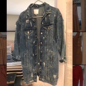 Distressed long denim jacket